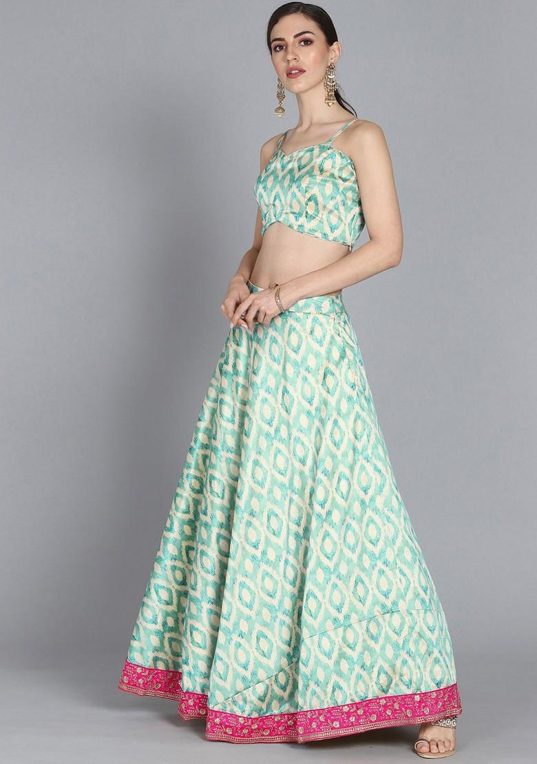 Beige Solid Poly Blend Lehenga Set