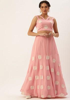 Pink Embroidered Poly Blend Lehenga Set