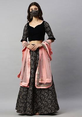 Navy Blue Embroidered Velvet Lehenga Set