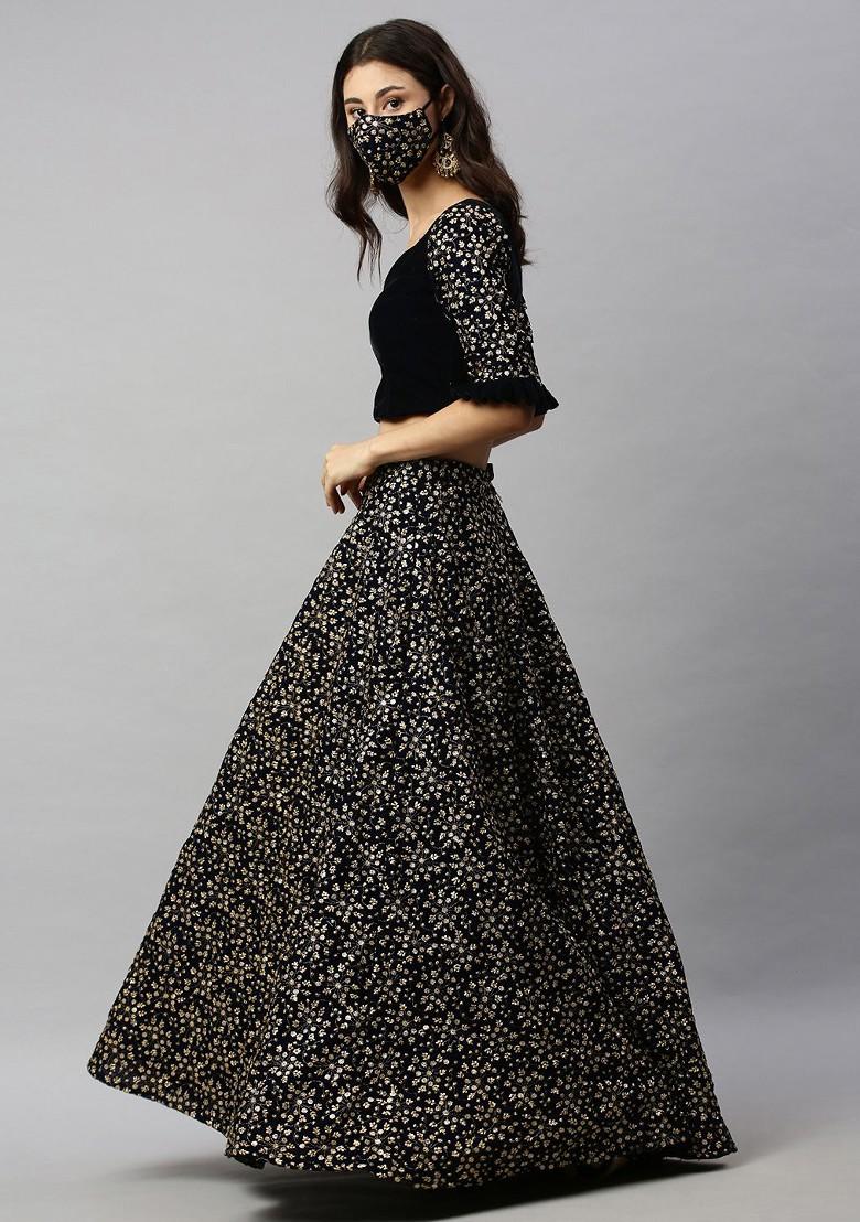 Navy Blue Embroidered Velvet Lehenga Set