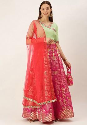 Pink Solid Poly Blend Lehenga Set