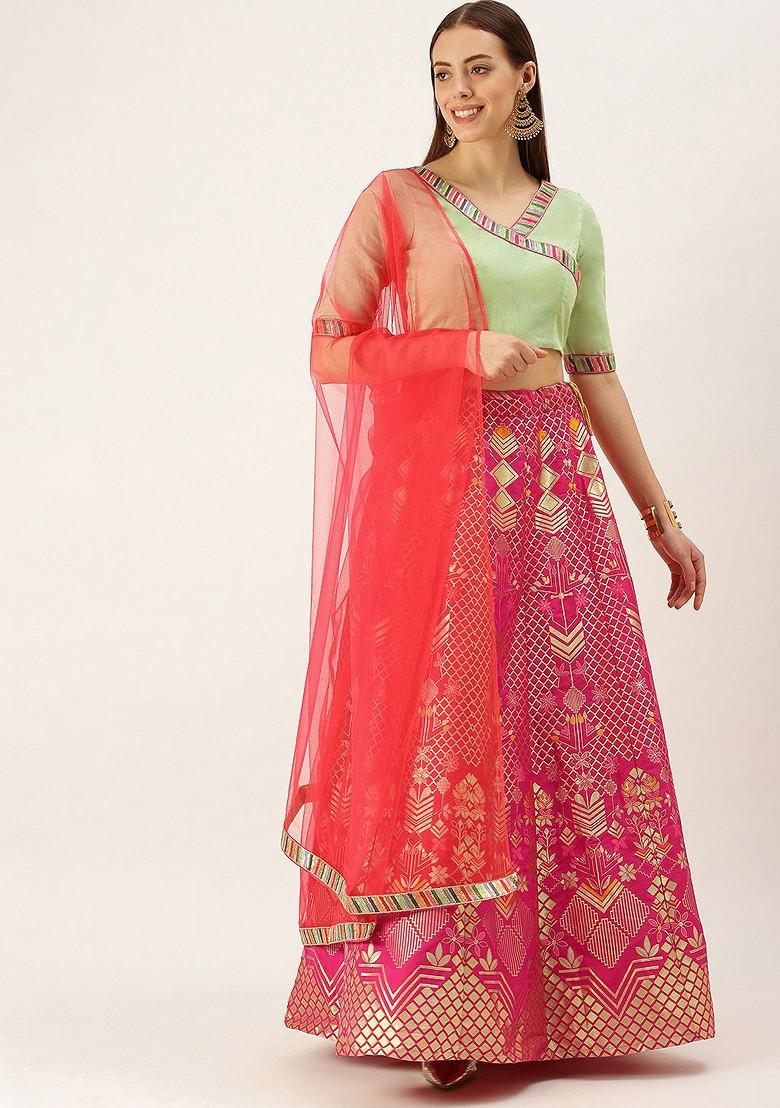 Pink Solid Poly Blend Lehenga Set