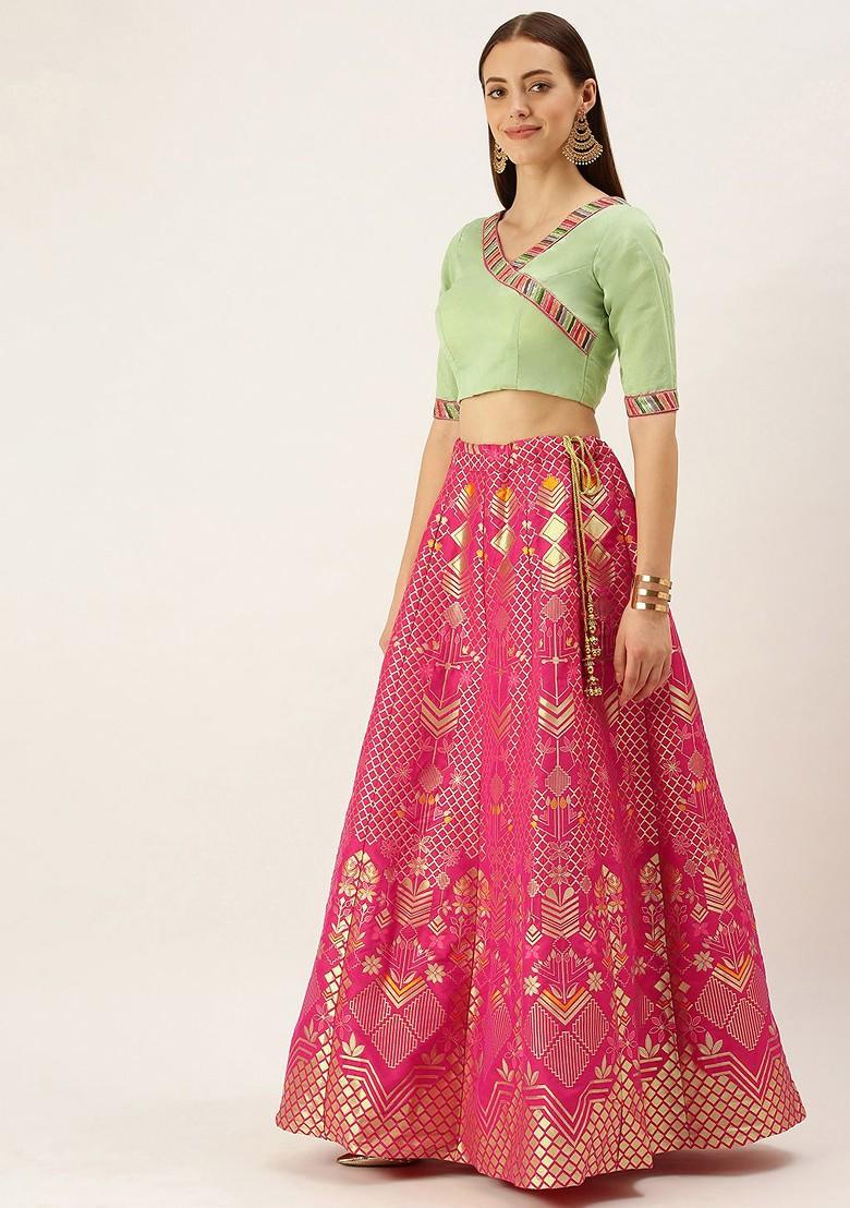Pink Solid Poly Blend Lehenga Set