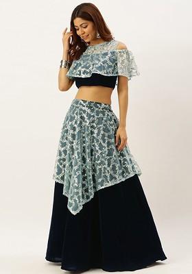 Navy Blue Solid Poly Blend Lehenga Set