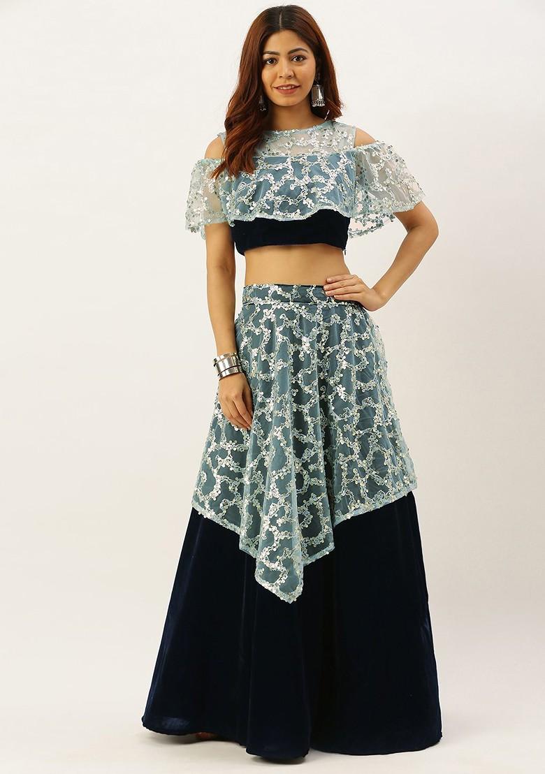 Navy Blue Solid Poly Blend Lehenga Set