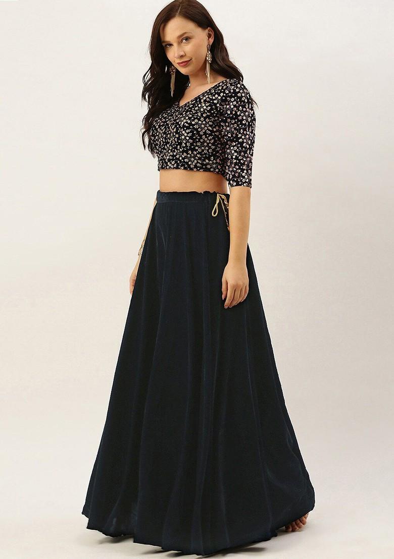 Navy Blue Thread Embroidered Velvet Lehenga Set