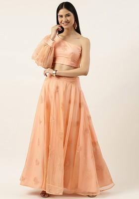 Peach Solid Poly Blend Lehenga Set