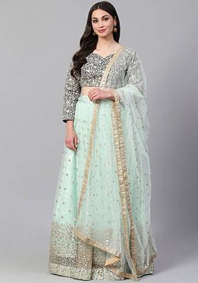 Sea Green Embroidered Silk Lehenga Set