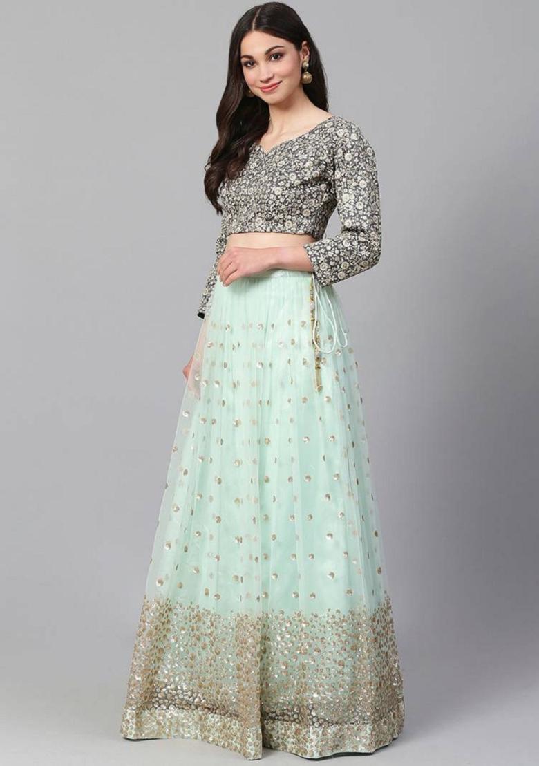 Sea Green Embroidered Silk Lehenga Set