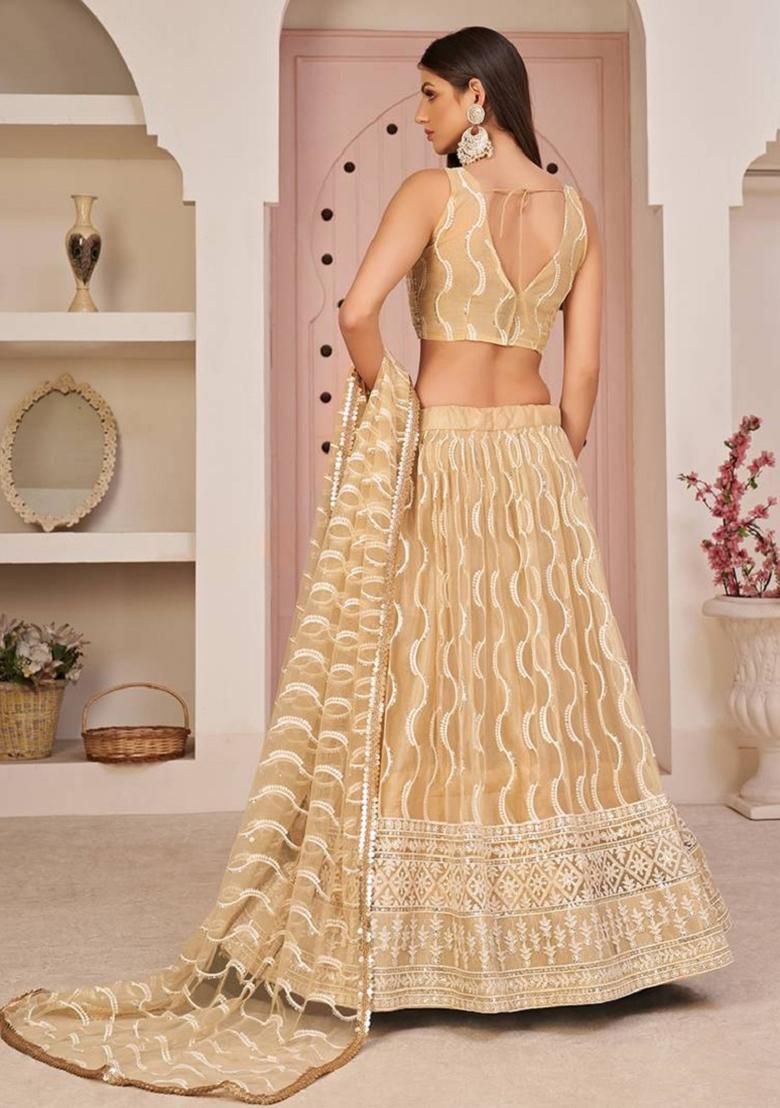 Beige Embroidered Net Lehenga Set