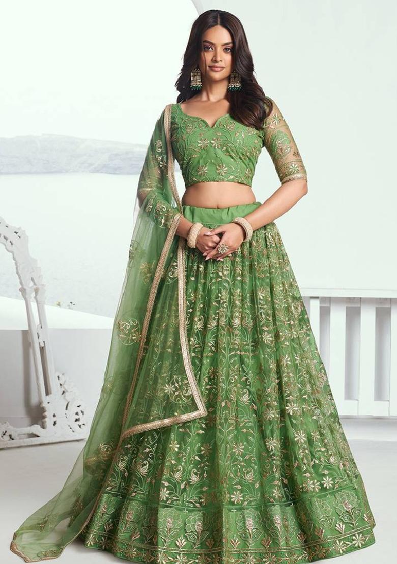 Green Embroidered Net Lehenga Set