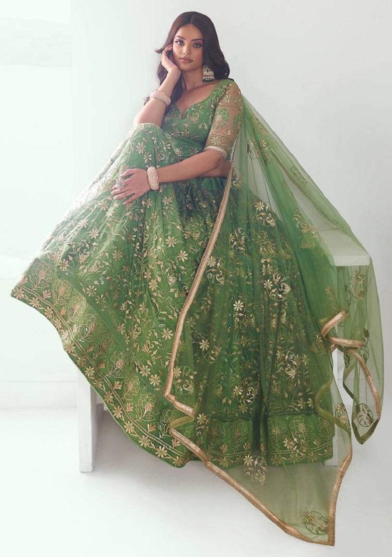 Green Embroidered Net Lehenga Set