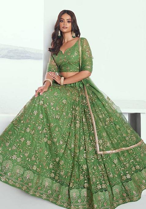 Green Embroidered Net Lehenga Set
