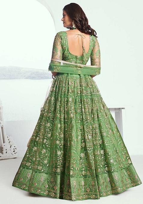Green Embroidered Net Lehenga Set