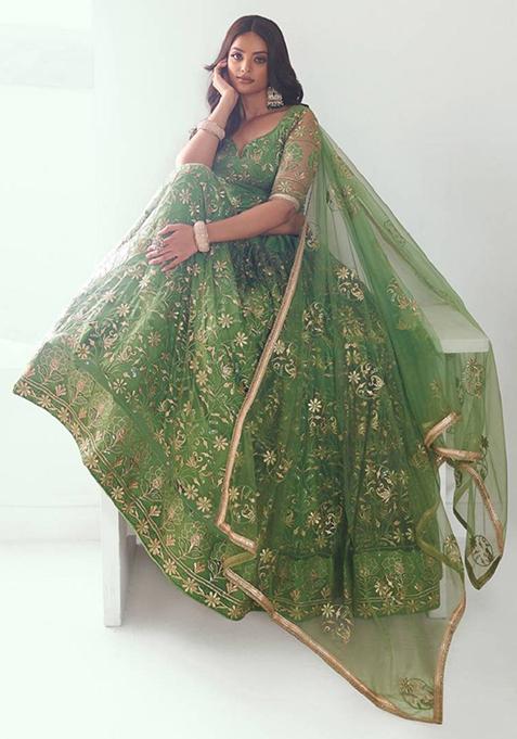 Green Embroidered Net Lehenga Set