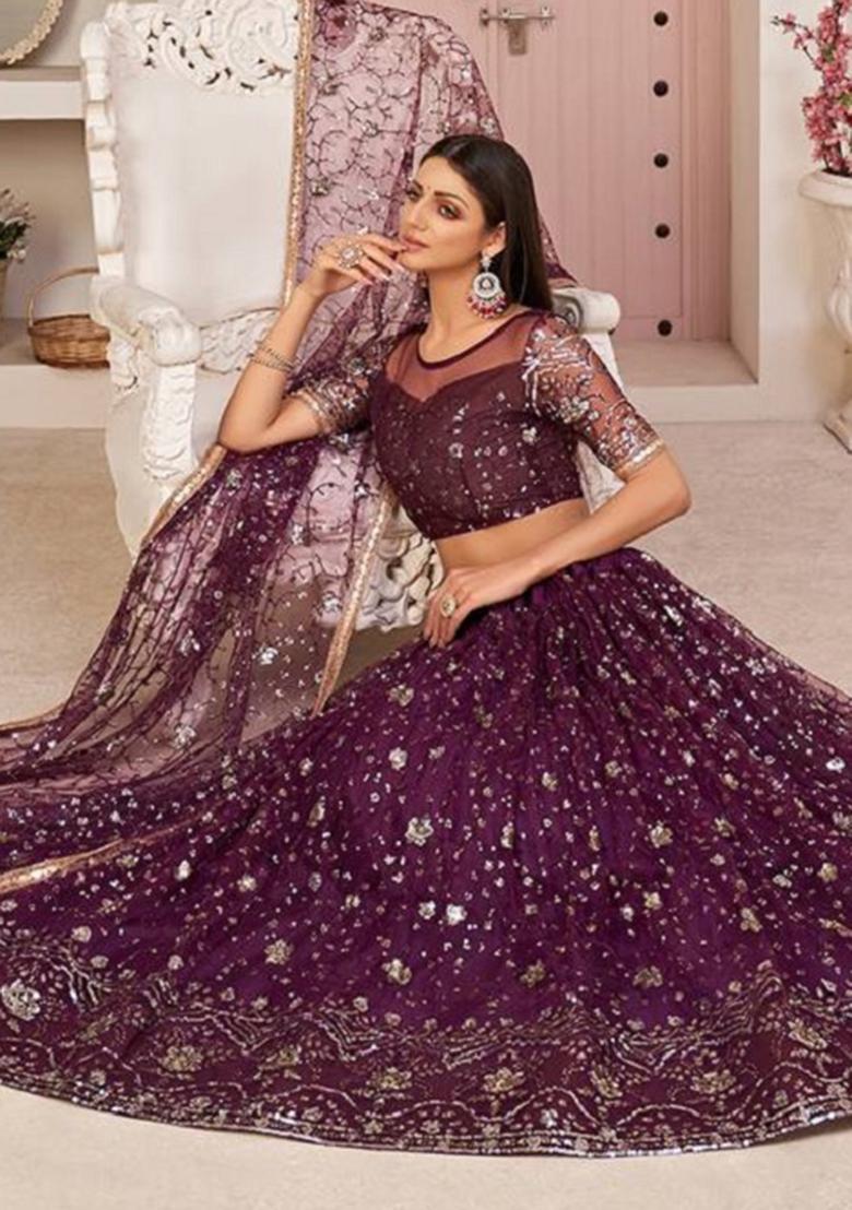 Wine Embroidered Net Lehenga Set