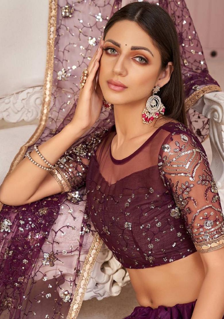 Wine Embroidered Net Lehenga Set