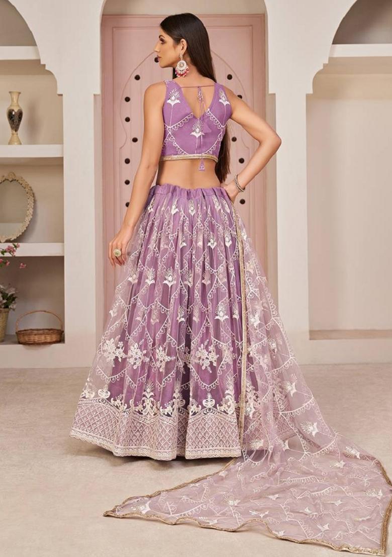 Purple Embroidered Net Lehenga Set