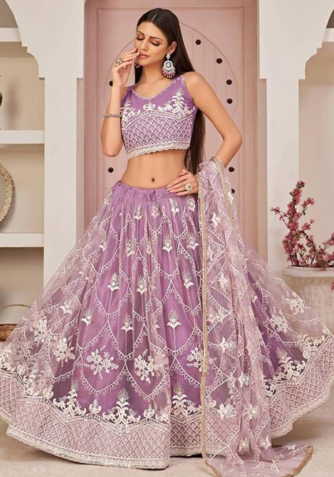 Purple Embroidered Net Lehenga Set