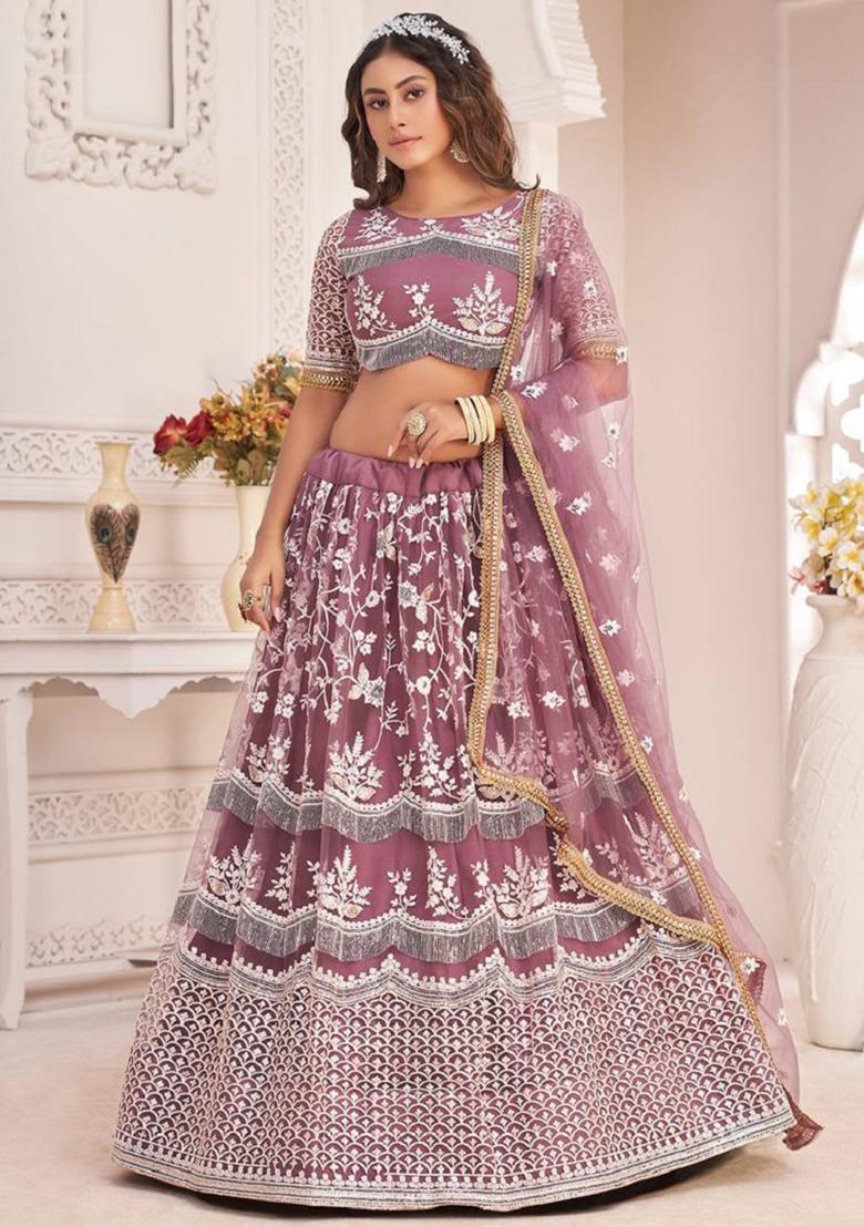 Mauve Embroidered Net Lehenga Set