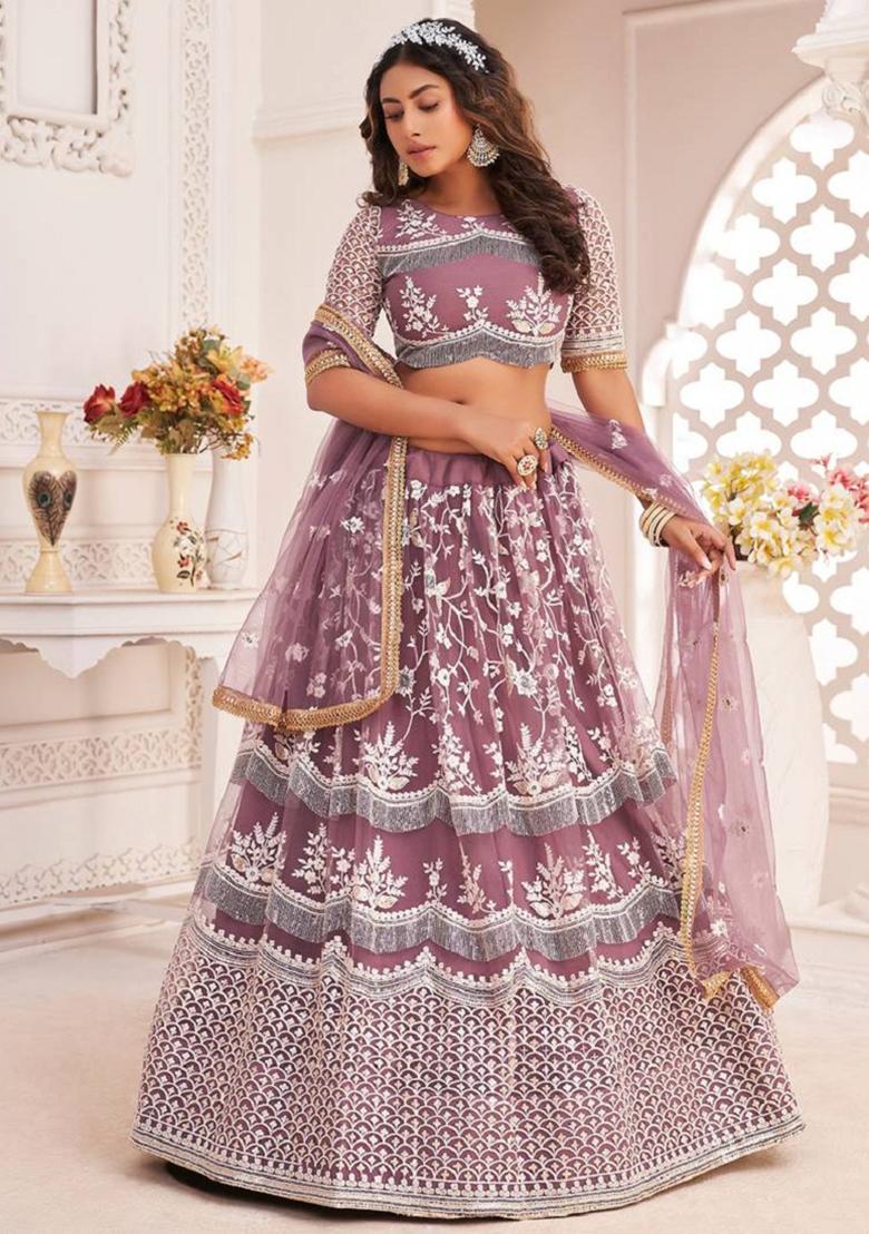 Mauve Embroidered Net Lehenga Set