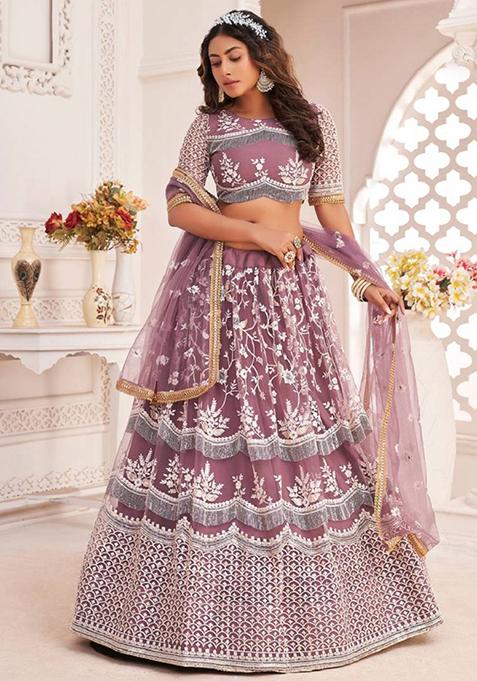 Mauve Embroidered Net Lehenga Set