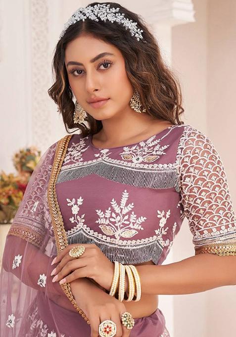 Mauve Embroidered Net Lehenga Set