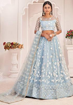 Sky Blue Embroidered Net Lehenga Set