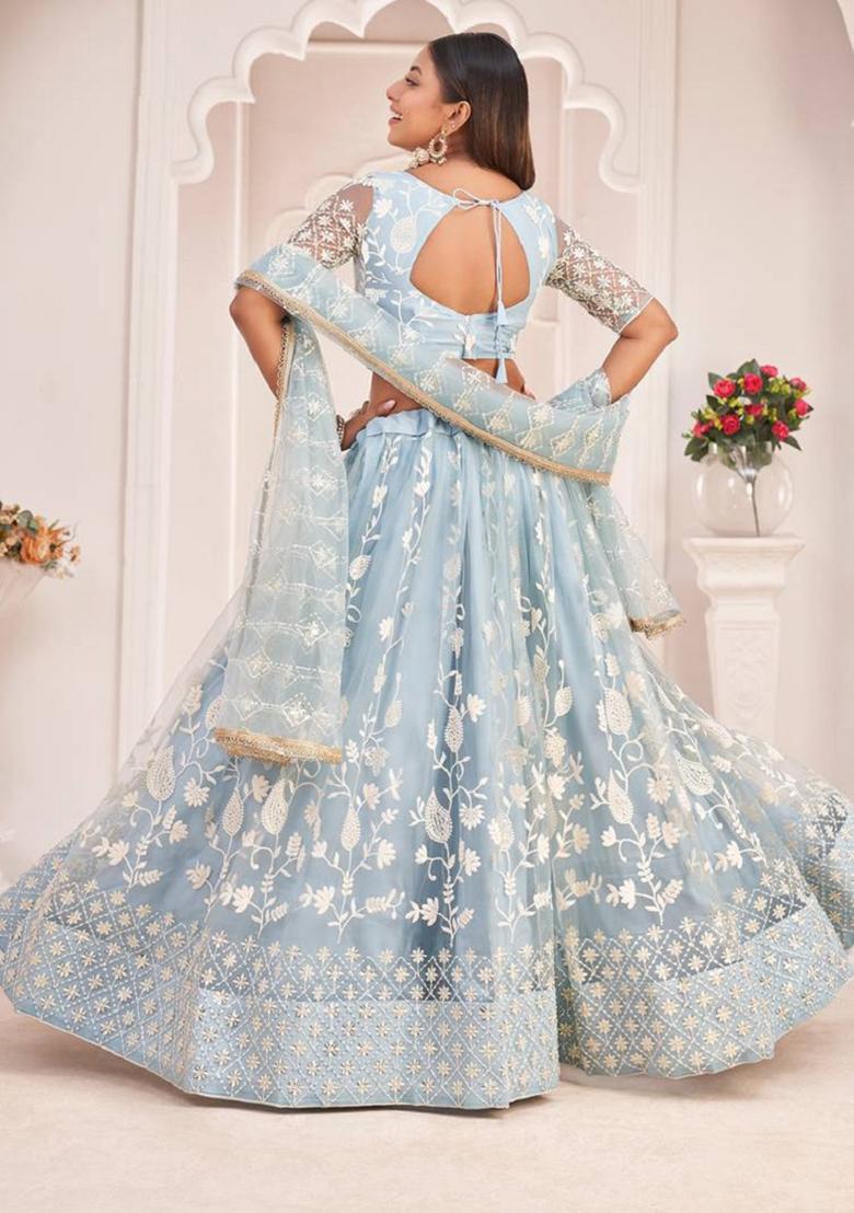 Sky Blue Embroidered Net Lehenga Set