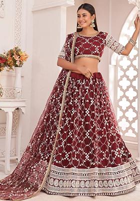 Maroon Embroidered Net Lehenga Set
