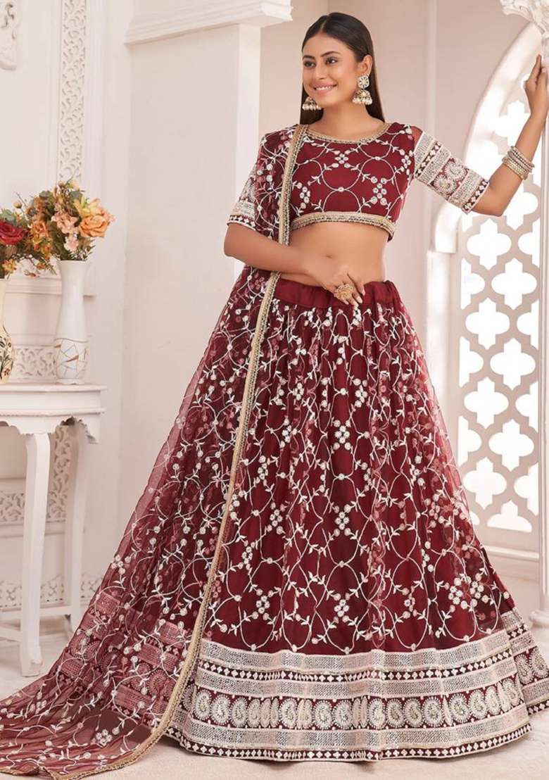Maroon Embroidered Net Lehenga Set - Indya