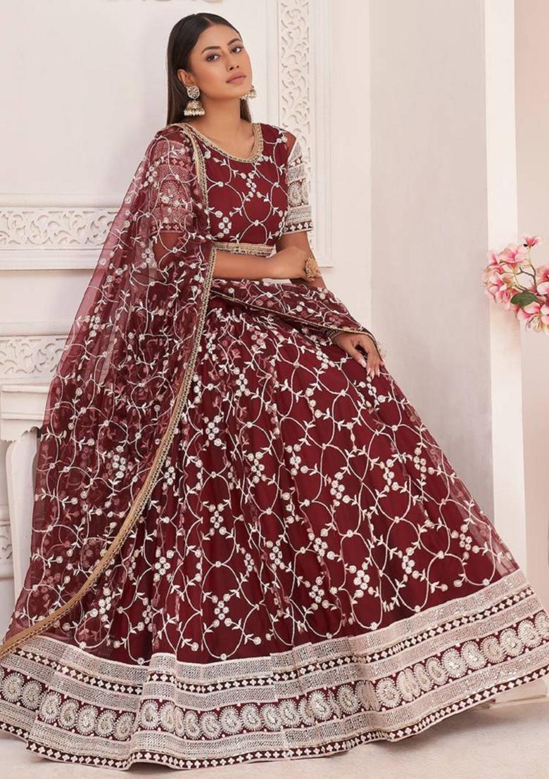 Maroon Embroidered Net Lehenga Set
