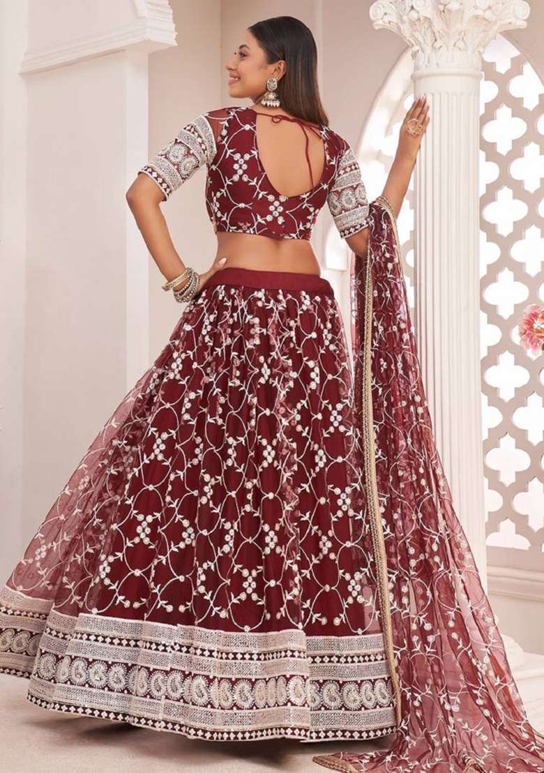 Maroon Embroidered Net Lehenga Set - Indya