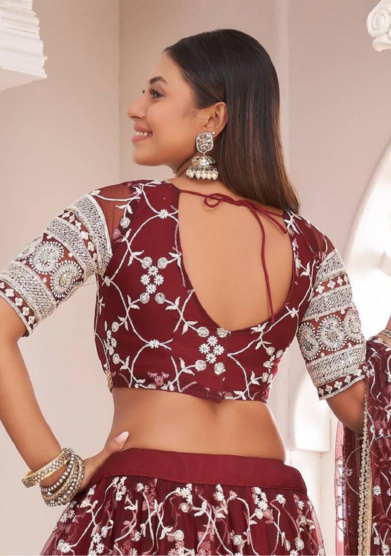 Maroon Embroidered Net Lehenga Set