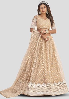 Beige Embroidered Net Lehenga Set
