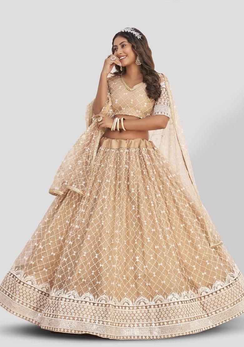 Beige Embroidered Net Lehenga Set