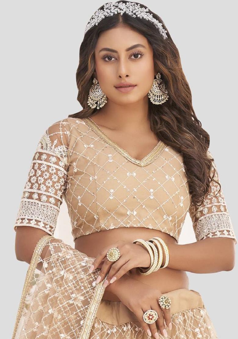 Beige Embroidered Net Lehenga Set