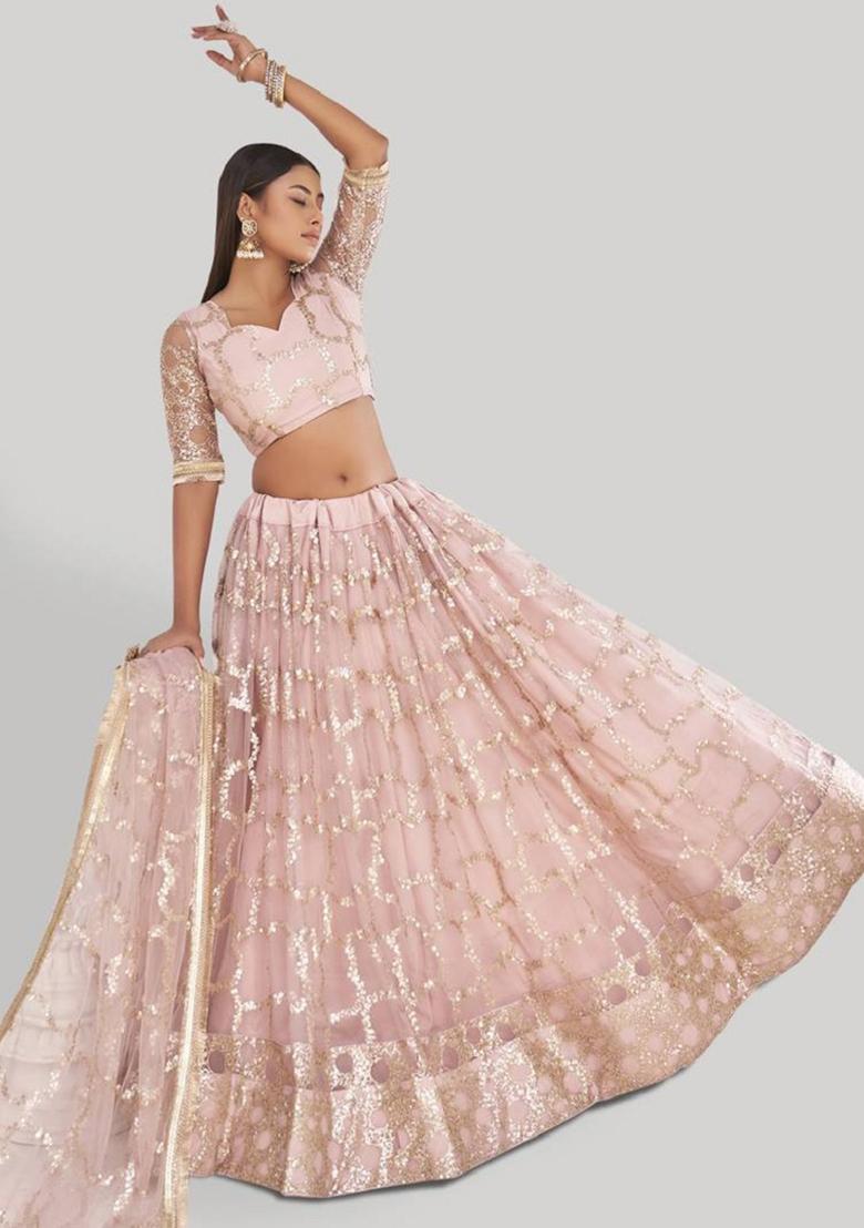 Pink Embroidered Net Lehenga Set