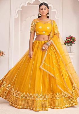 Yellow Embroidered Net Lehenga Set