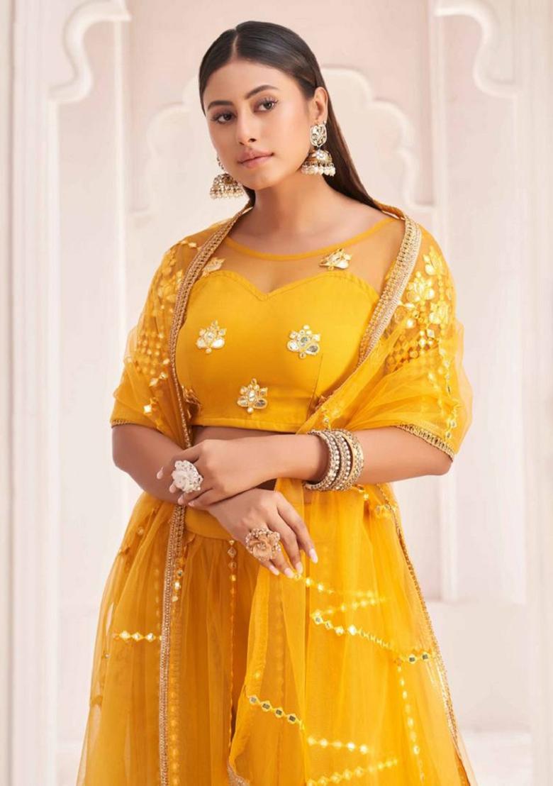 Yellow Embroidered Net Lehenga Set