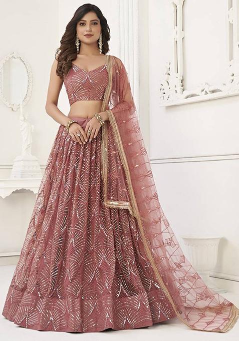Pink Embroidered Net Lehenga Set