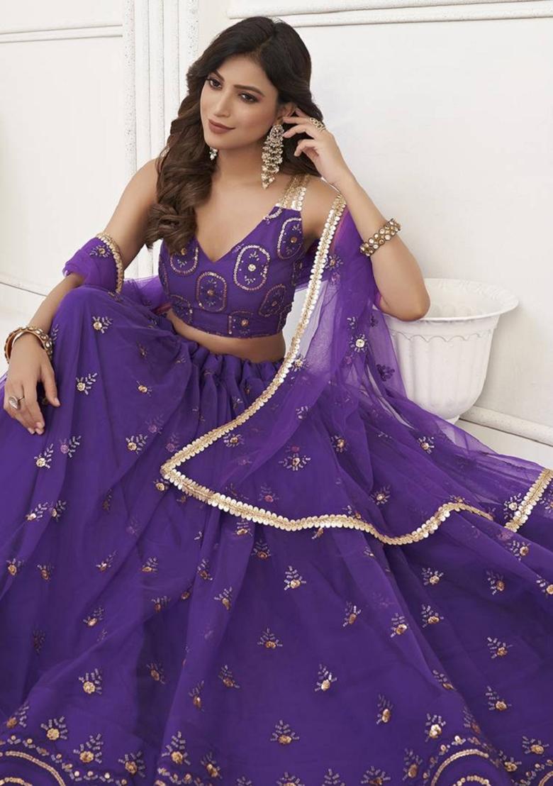 Purple Embroidered Net Lehenga Set