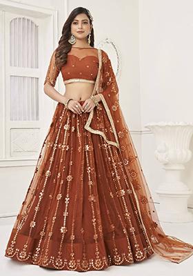 Brown Embroidered Net Lehenga Set