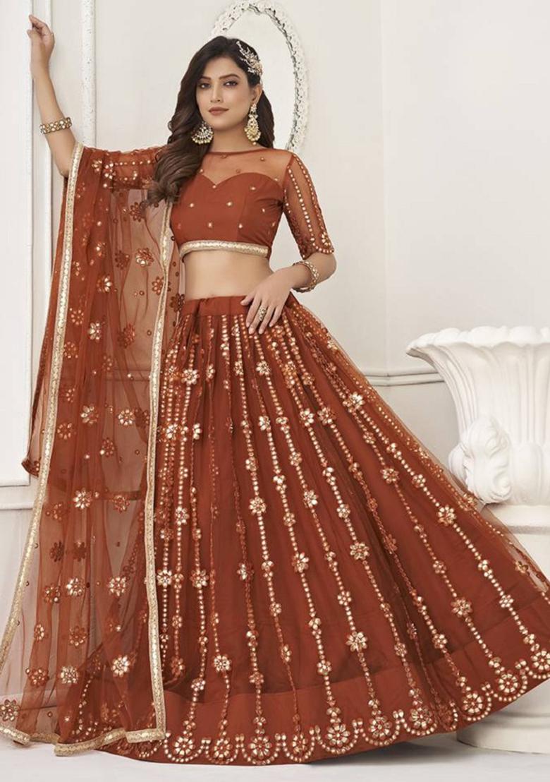 Brown Embroidered Net Lehenga Set