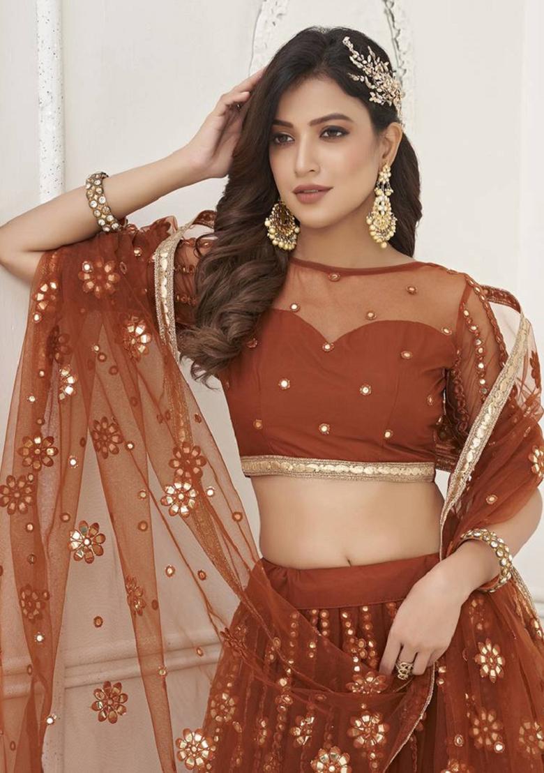 Brown Embroidered Net Lehenga Set