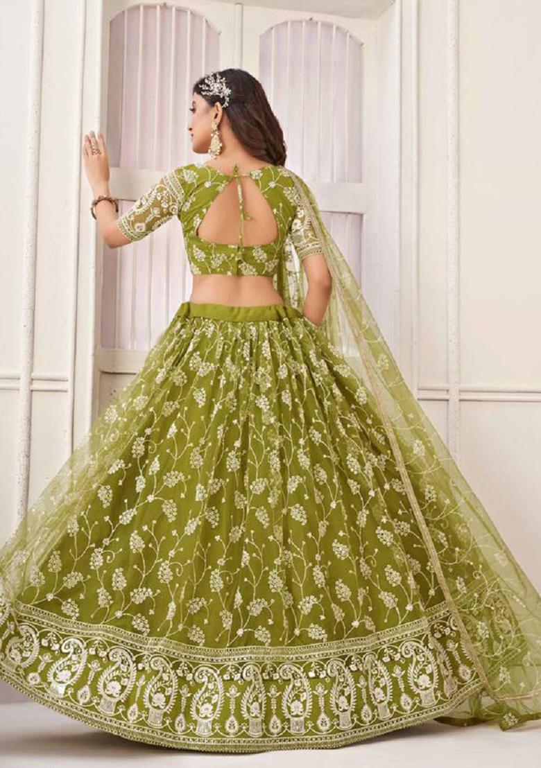 Olive Green Embroidered Net Lehenga Set