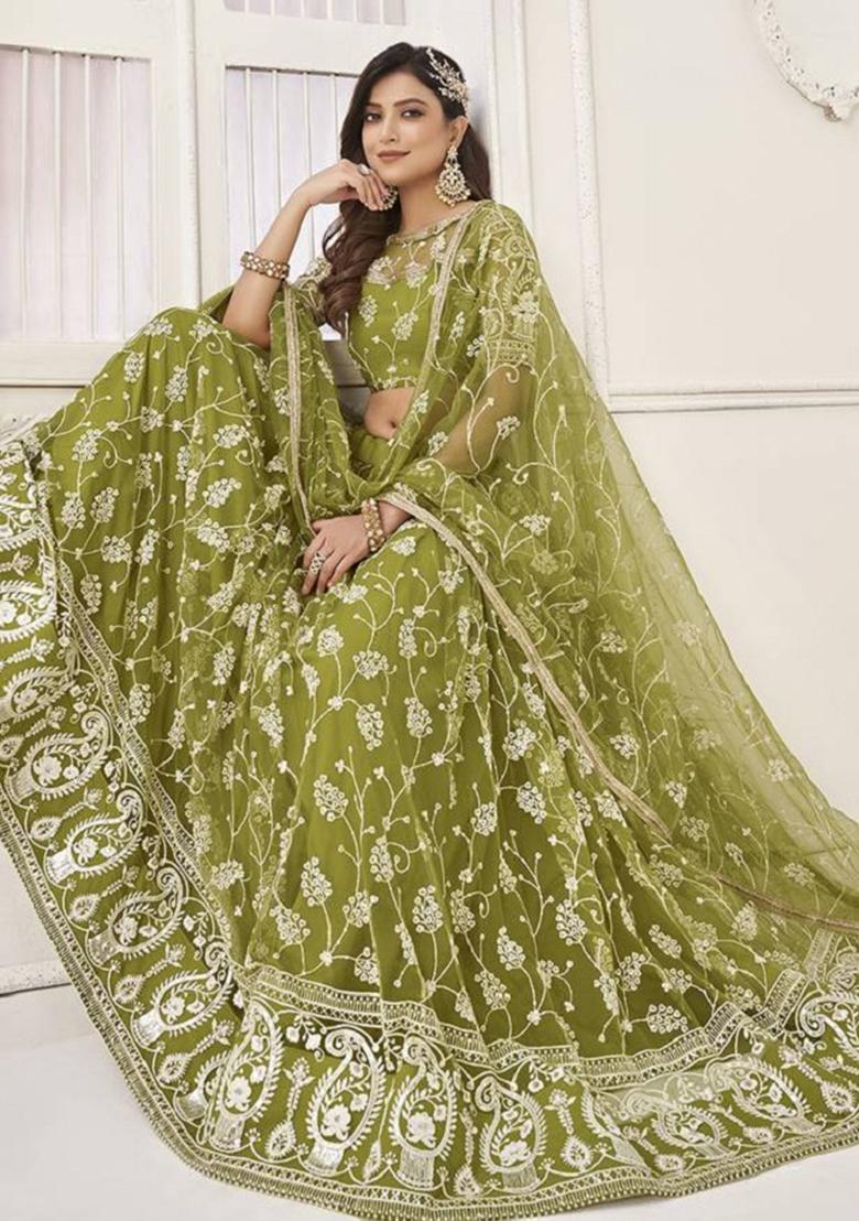 Olive Green Embroidered Net Lehenga Set