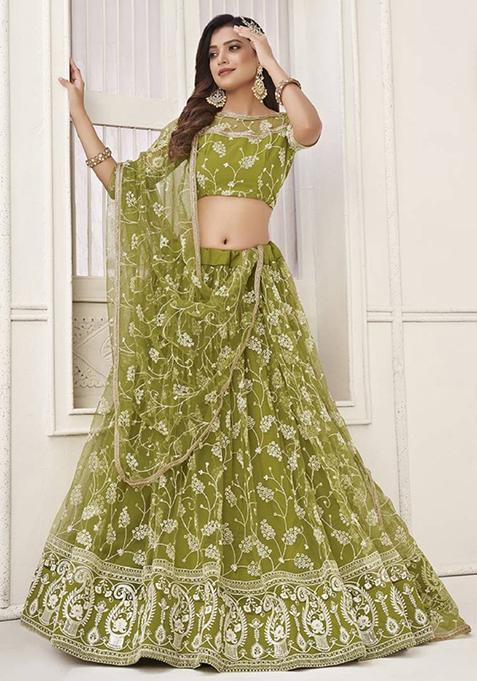 Olive Green Embroidered Net Lehenga Set