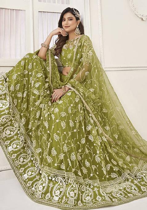 Olive Green Embroidered Net Lehenga Set