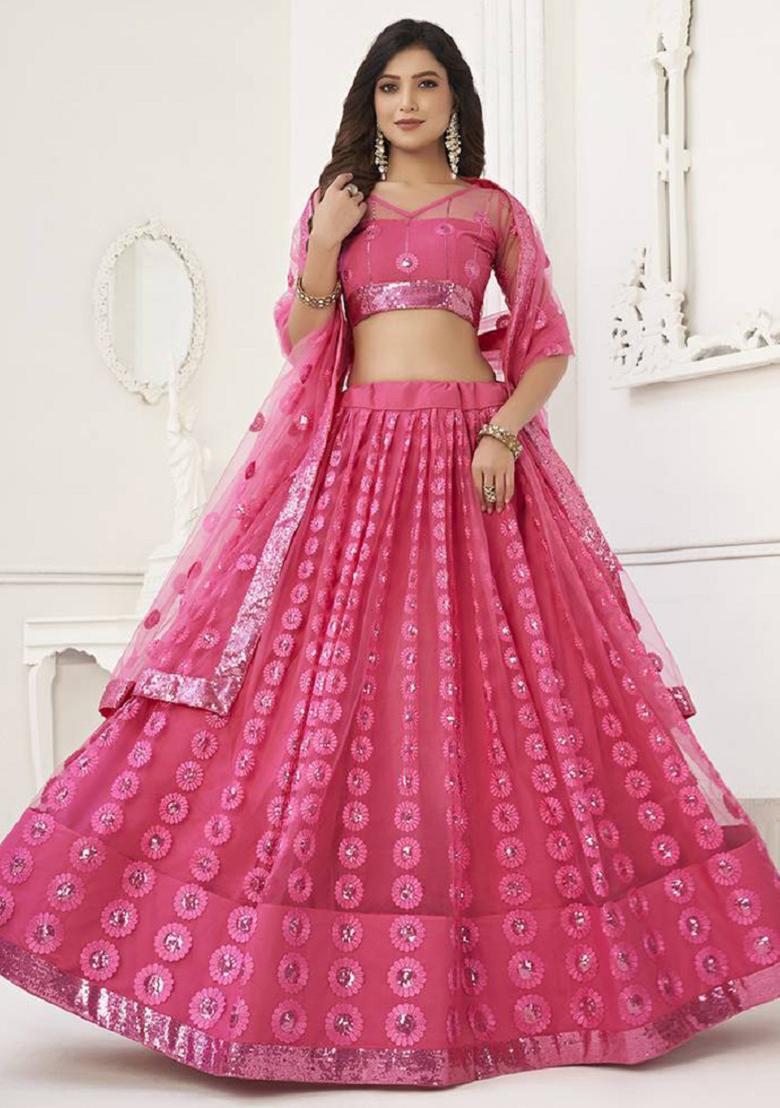 Pink Embroidered Net Lehenga Set